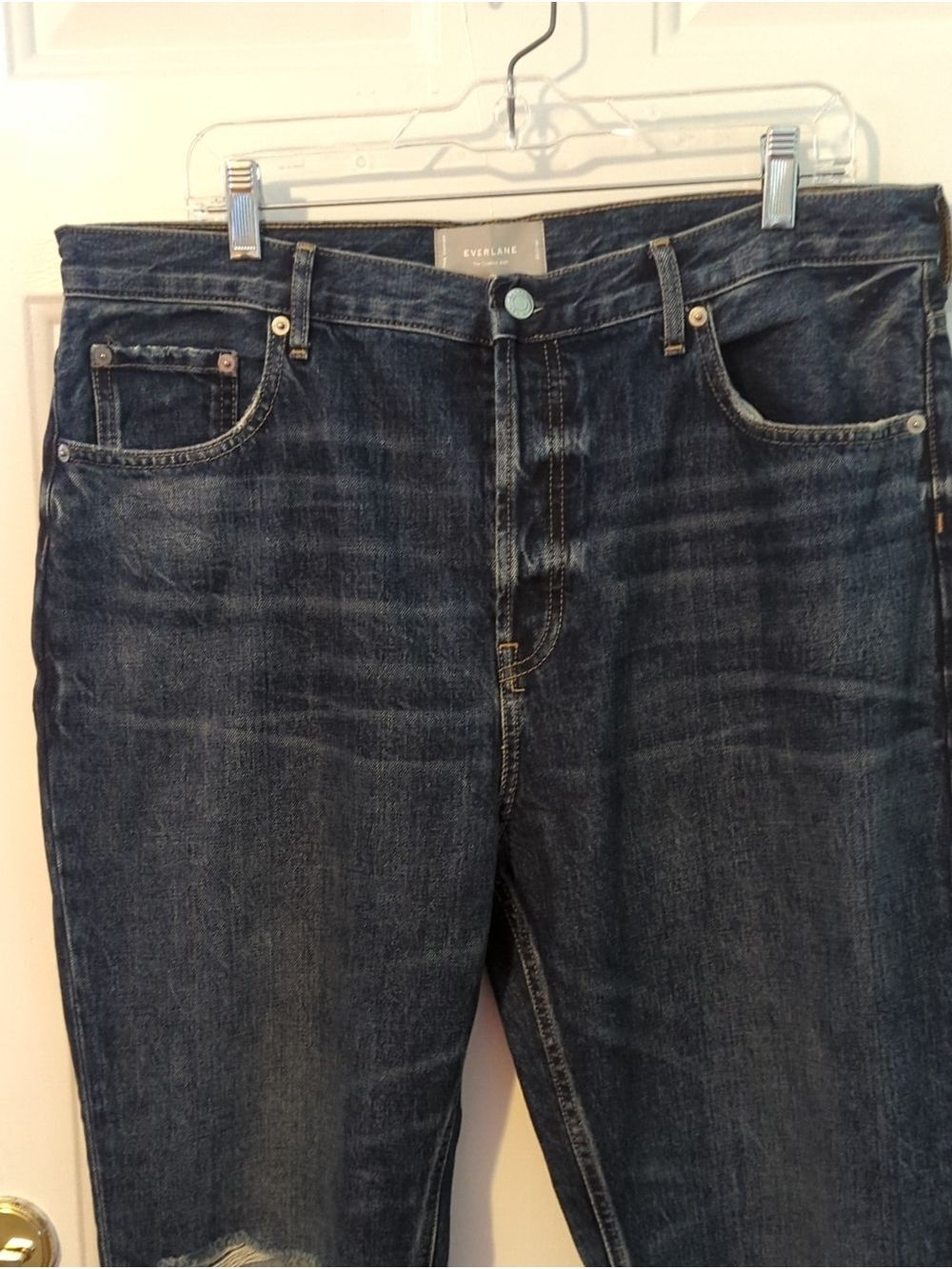 Everlane Dark Wash Distressed Straight Jeans 33 Crop Ripped Jeans Women's - Picture 2 of 11